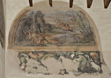 Orazio Perucci, attribuito, (1549-1624), Lunetta con rappresentazione mitologica di satiri e ninfe.